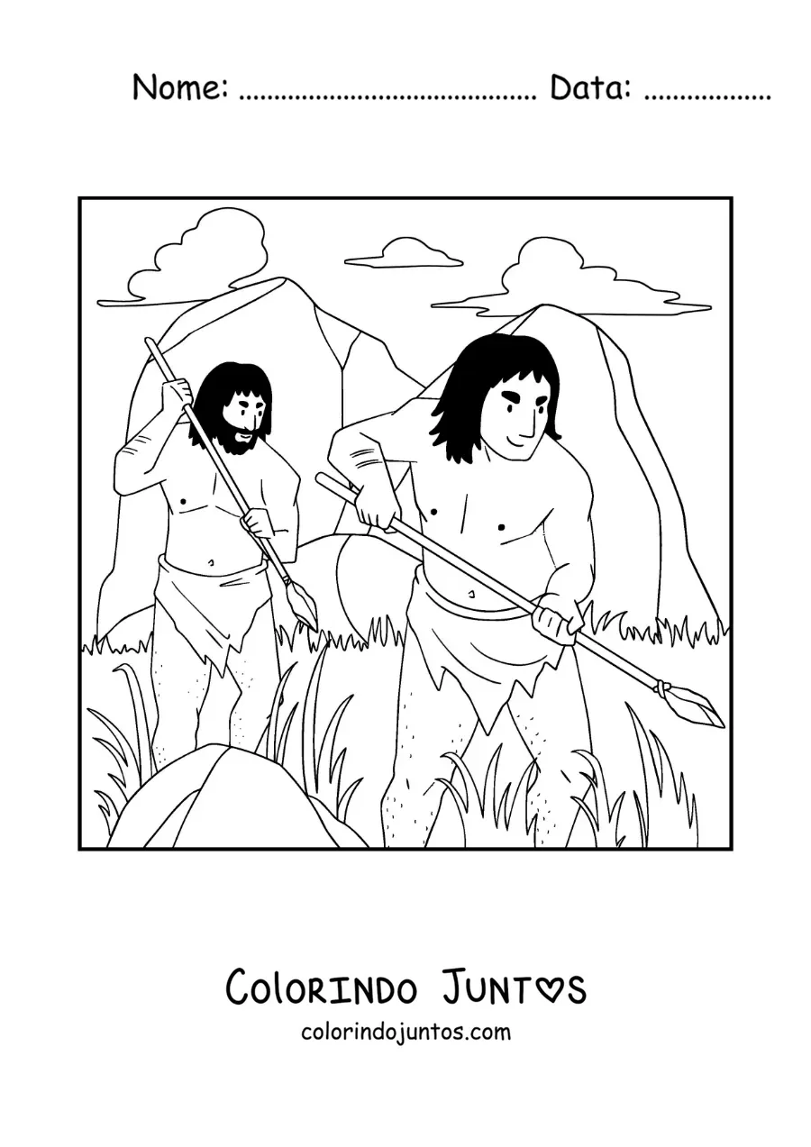 Desenho para colorir de dois homens da pré-história caçando com lança