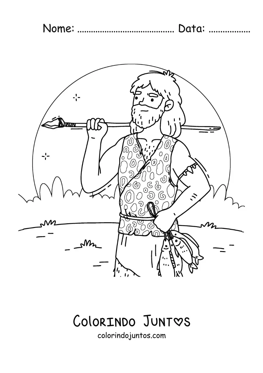 Desenho para colorir de um homem das cavernas caçando peixes com uma lança