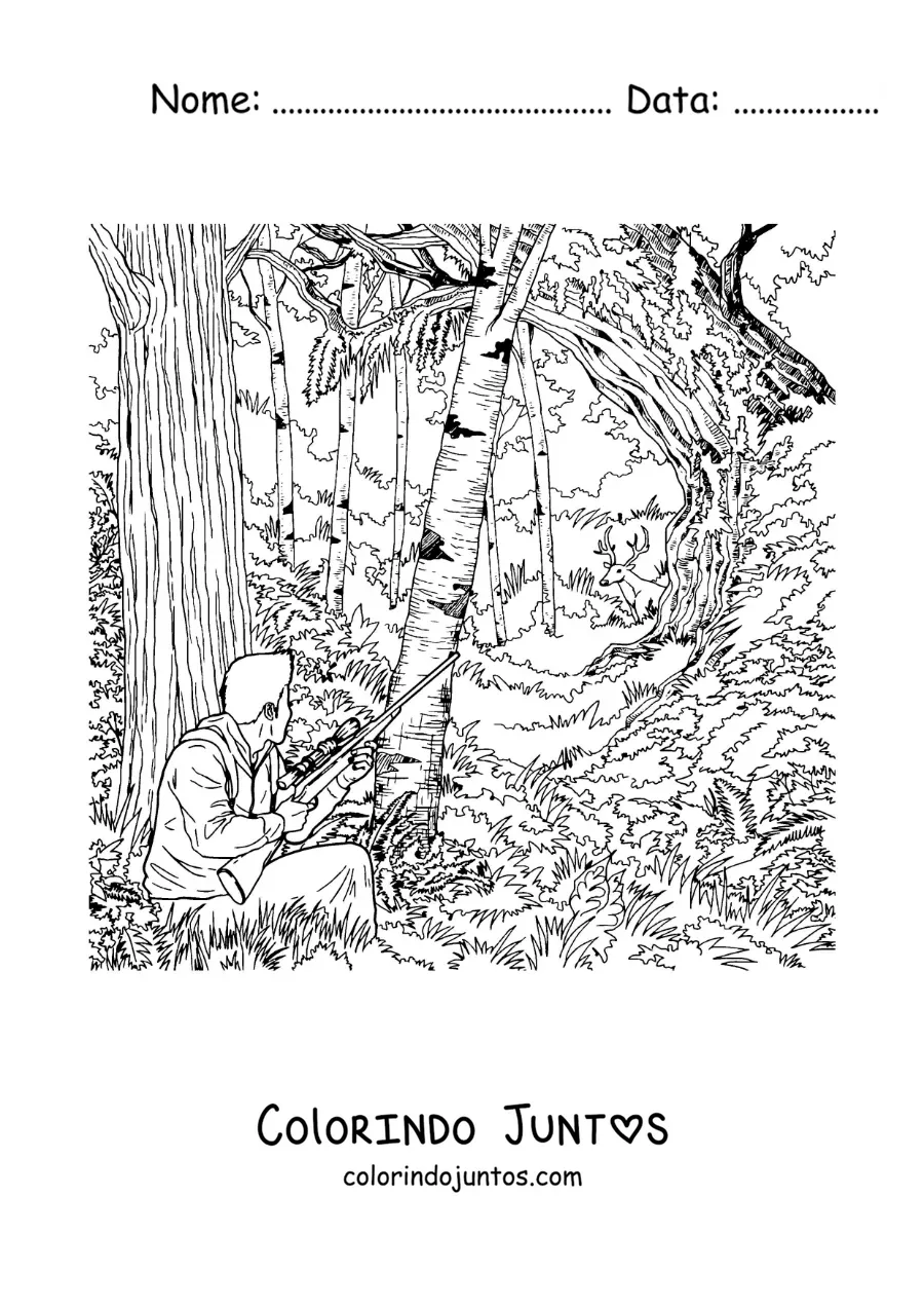 Desenho para colorir de um caçador mirando em um cervo na floresta