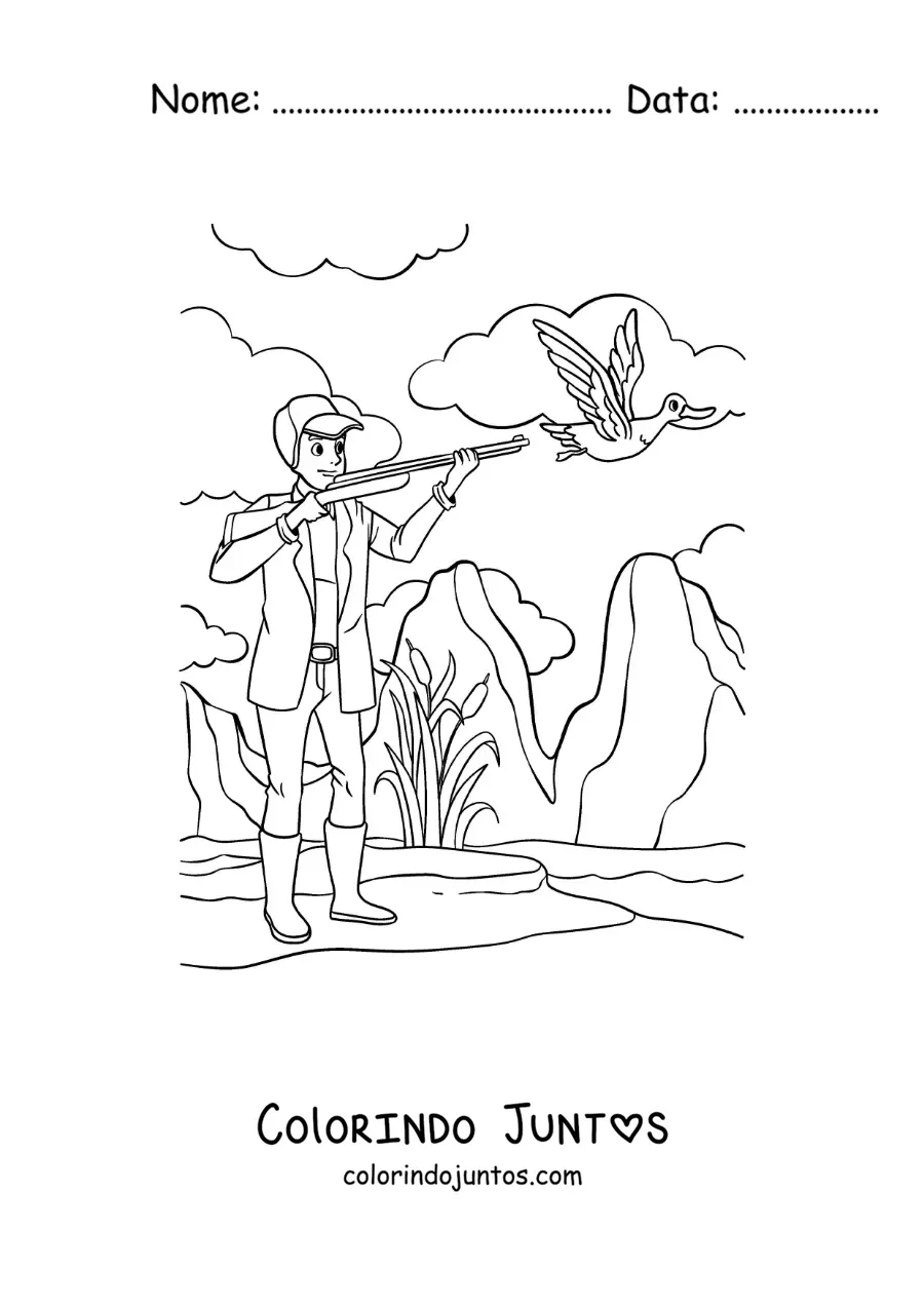 Desenho para colorir de um caçador mirando em um pato na natureza