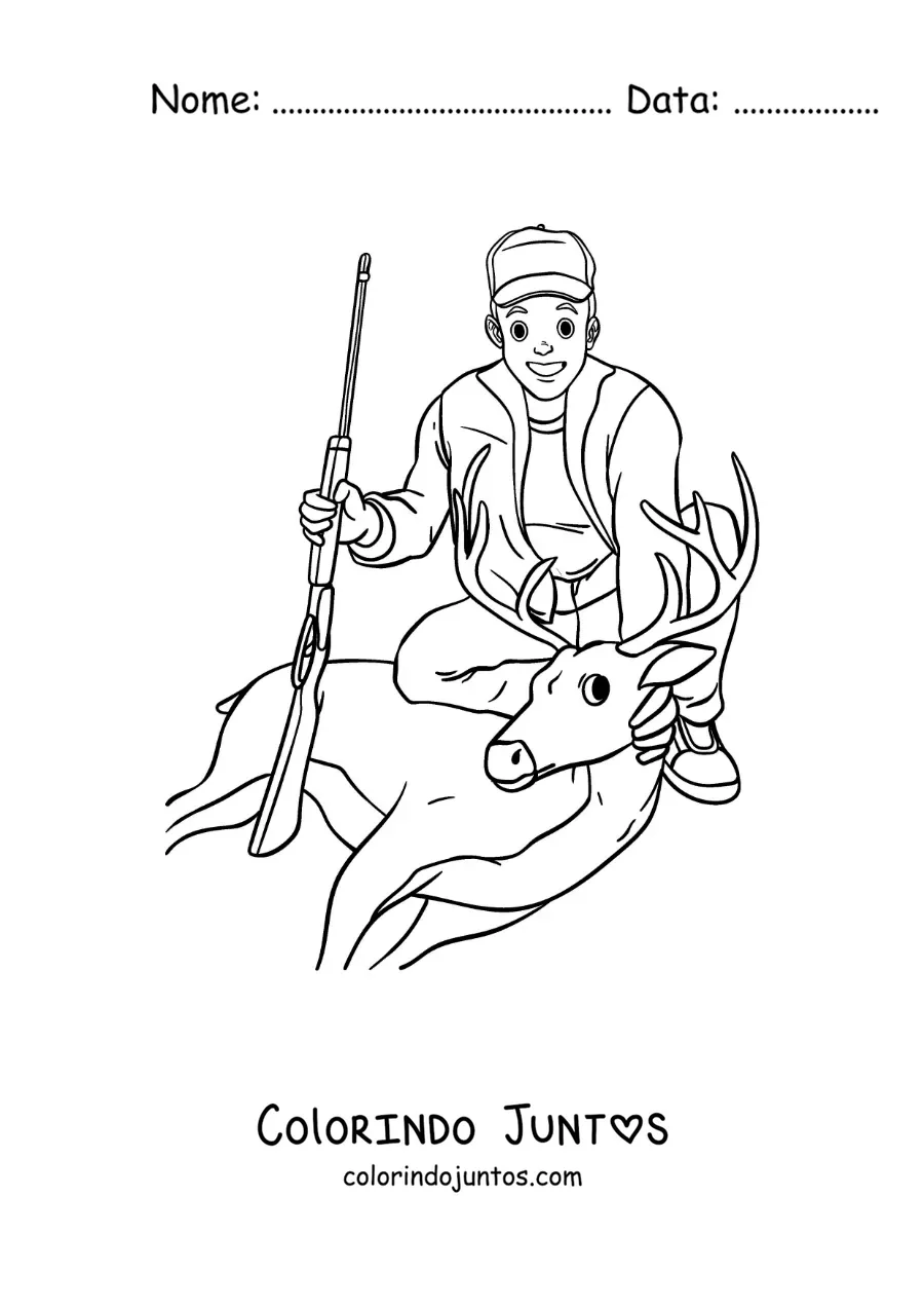 Desenho para colorir de um caçador com um cervo