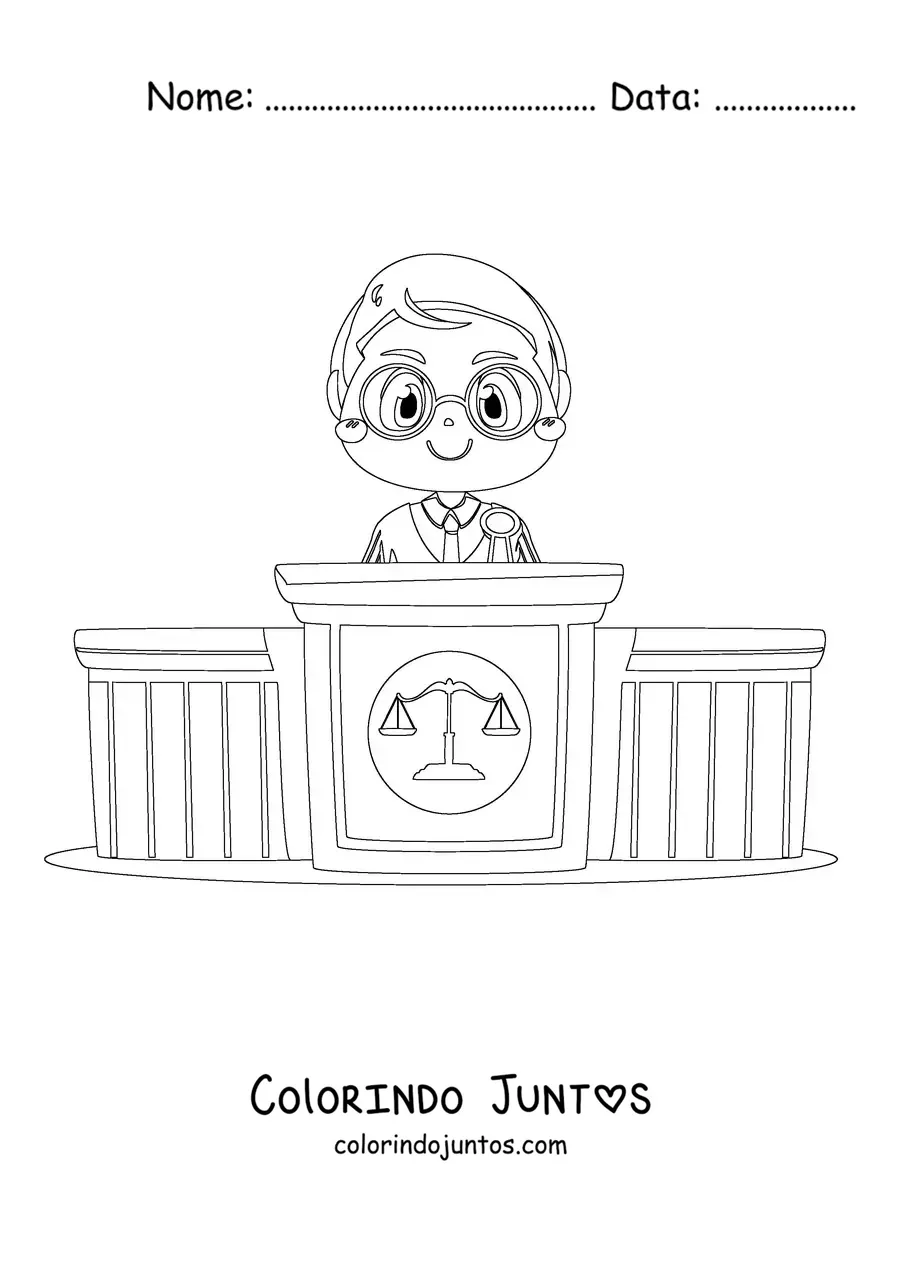 Desenho para colorir de um juiz kawaii animado no tribunal
