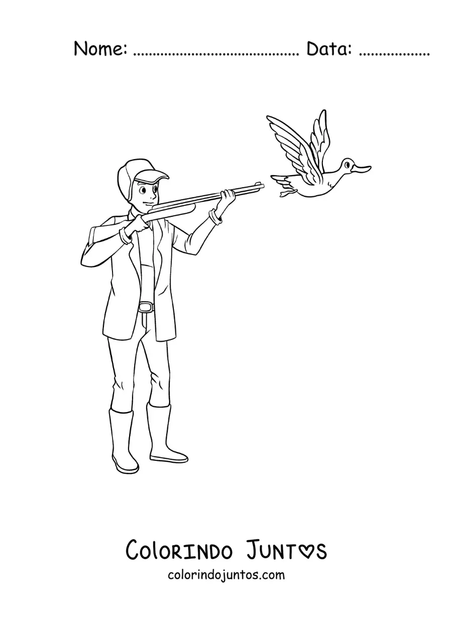 Desenho para colorir de um homem caçando um pato