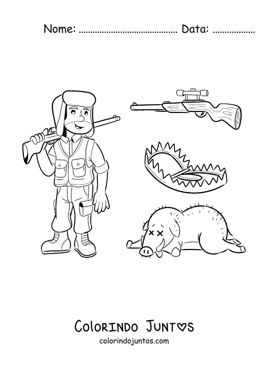 Desenho para colorir de um caçador de javalis com armadilhas e uma arma