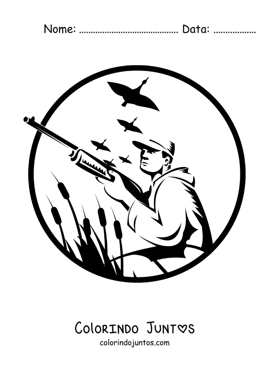 Desenho para colorir de silhueta de um homem caçando patos