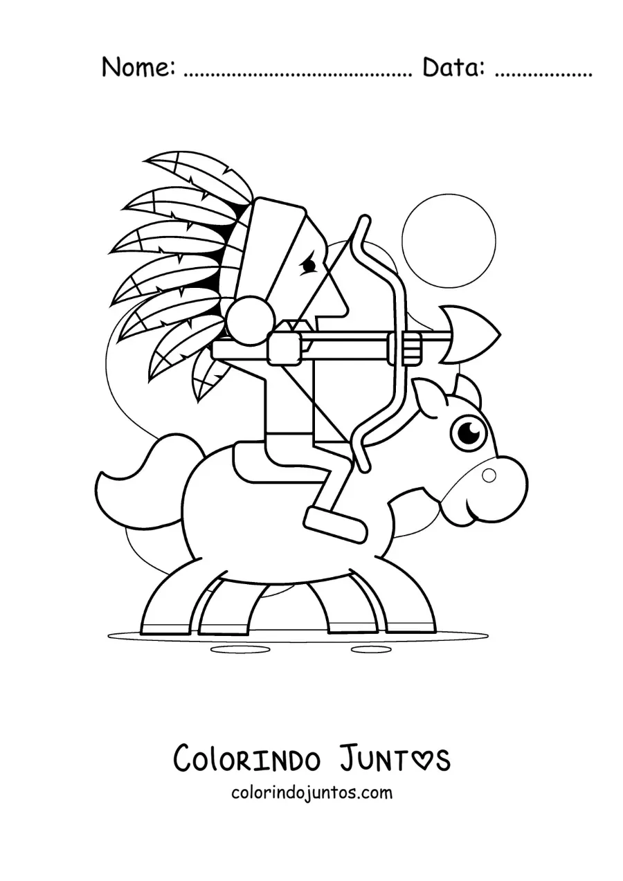 Desenho para colorir de um indígena a cavalo caçando com um arco
