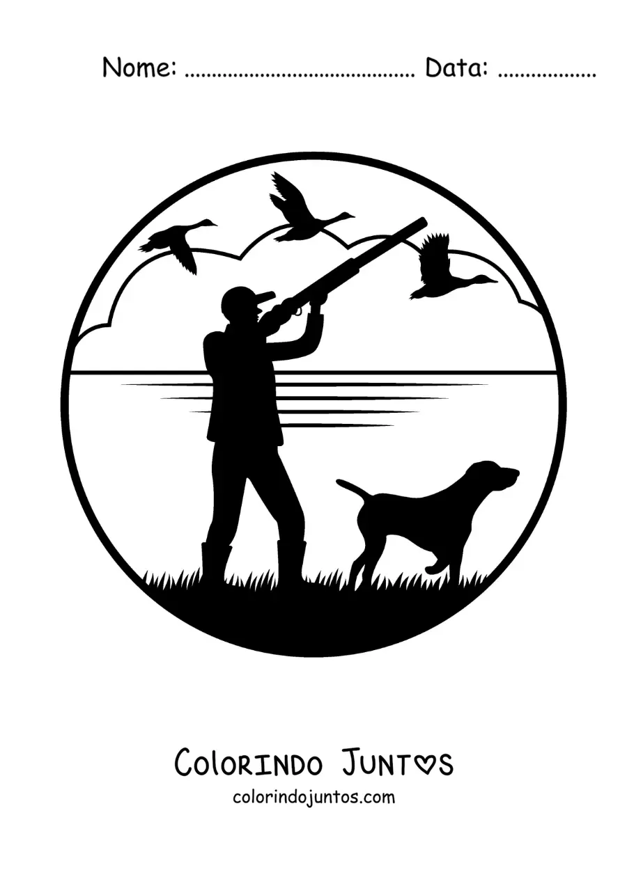Desenho para colorir de silhueta de um caçador de patos com seu cão