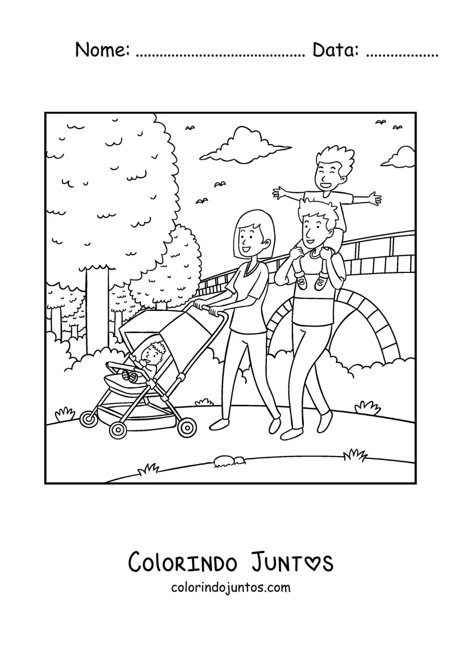 Desenho para colorir de uma família passeando no parque