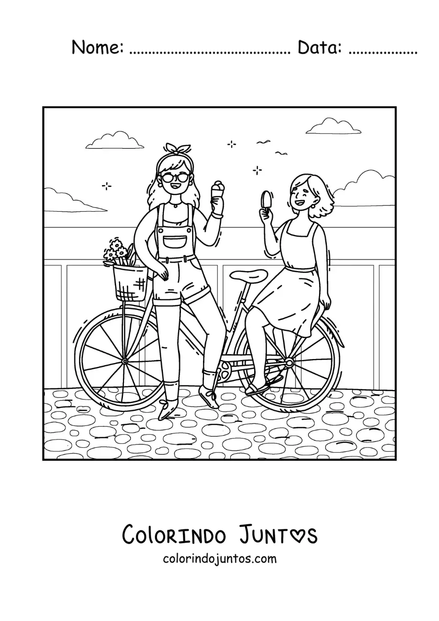 Desenho para colorir de duas amigas comendo sorvete em um passeio de bicicleta