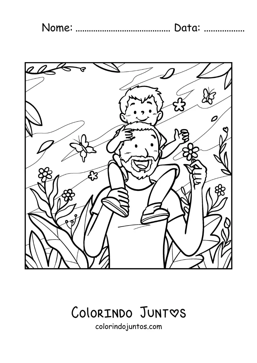 Desenho para colorir de um pai passeando pelo parque com o filho sentado nos seus ombros