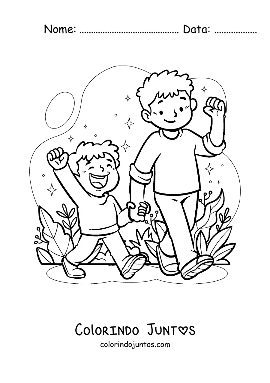 Desenho para colorir de um menino e seu irmão mais novo passeando de mãos dadas pelo parque