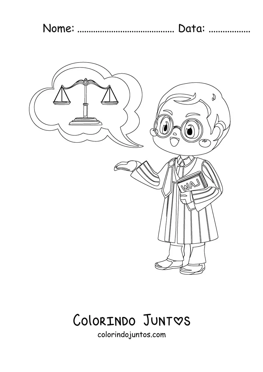 Desenho para colorir de um juiz kawaii com toga