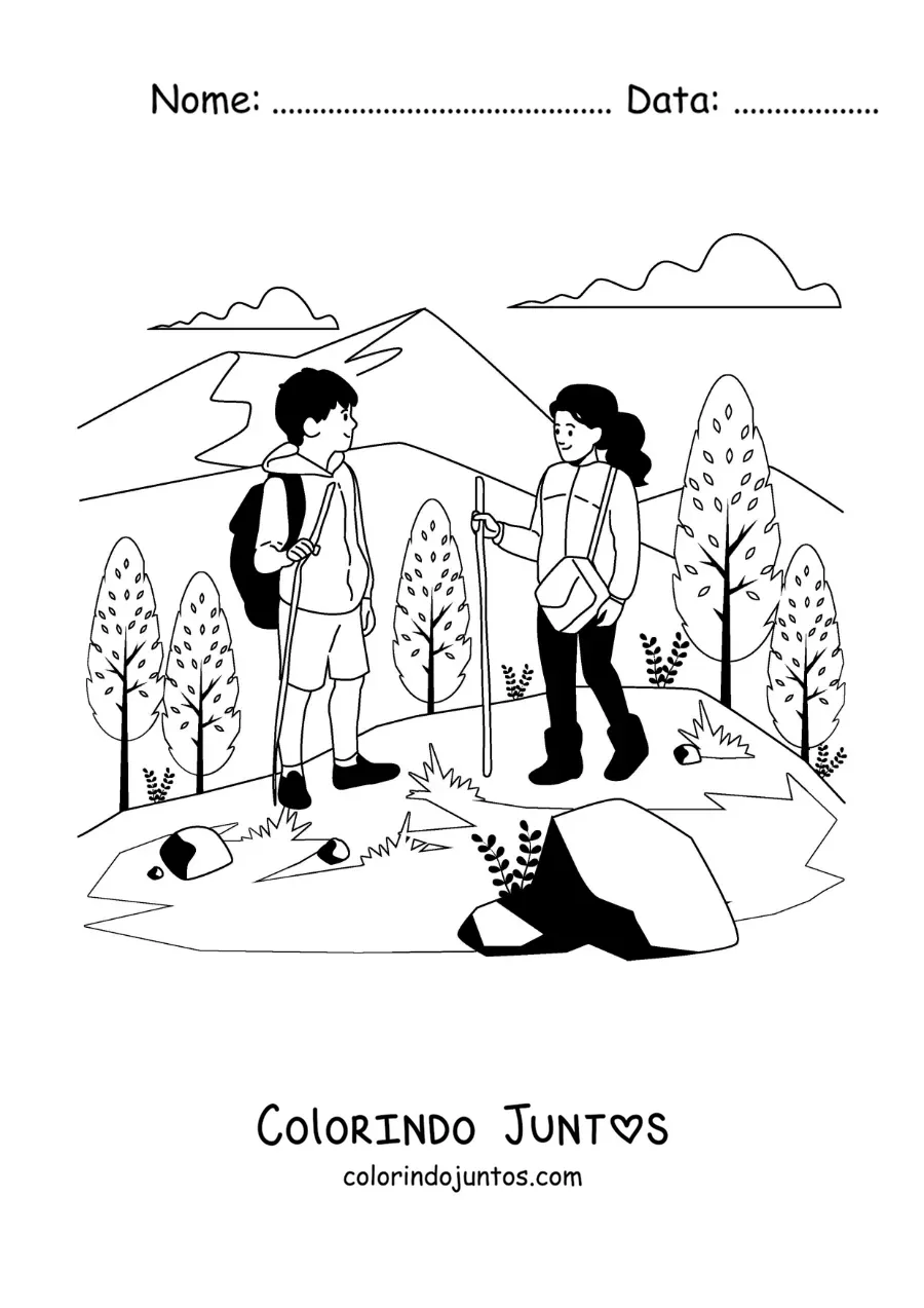 Desenho para colorir de um casal fazendo trilha nas montanhas