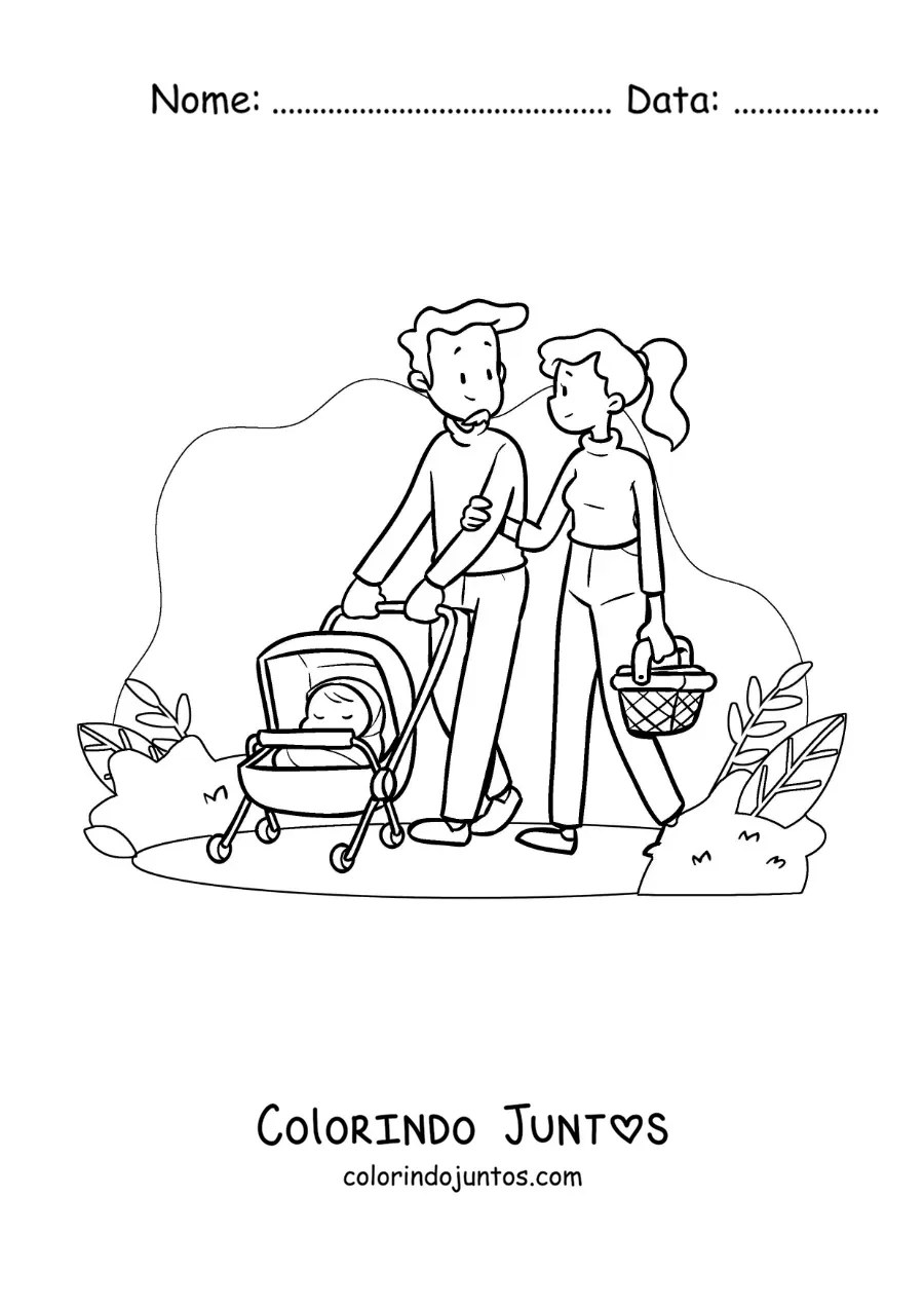 Desenho para colorir de um casal passeando no parque com seu bebê
