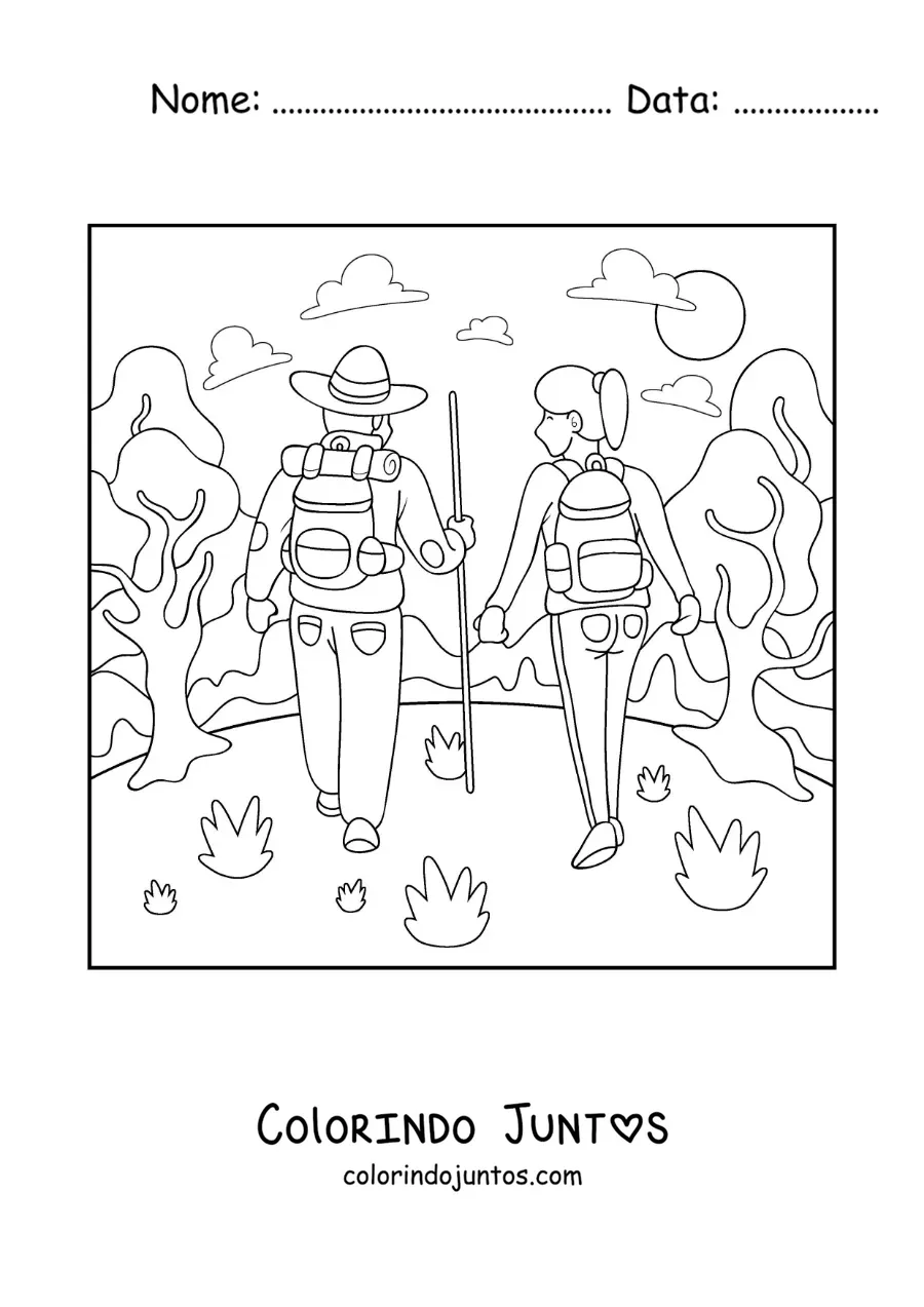 Desenho para colorir de um casal fazendo trilha