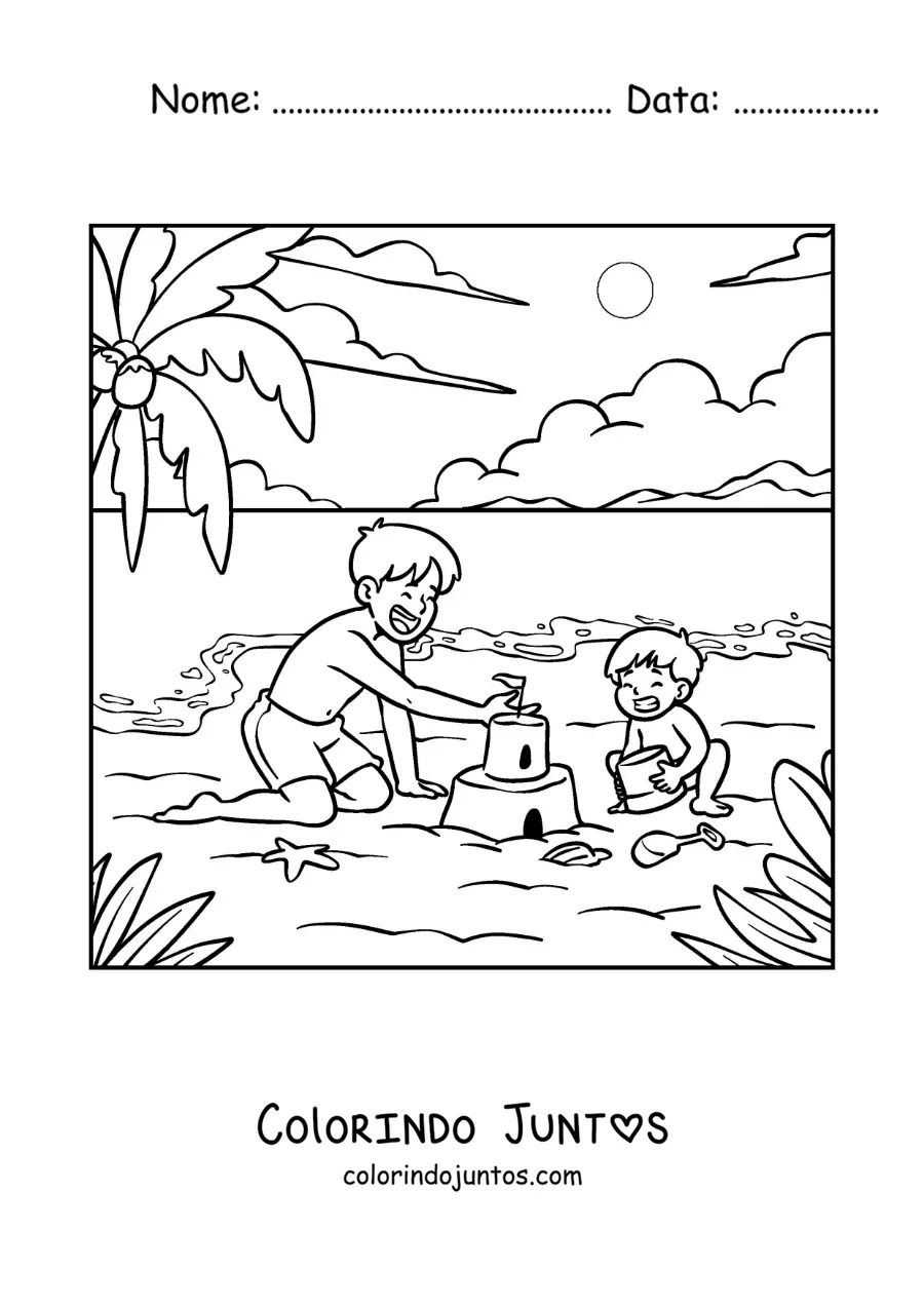 Desenho para colorir de um pai construindo um castelo de areia com o filho na praia