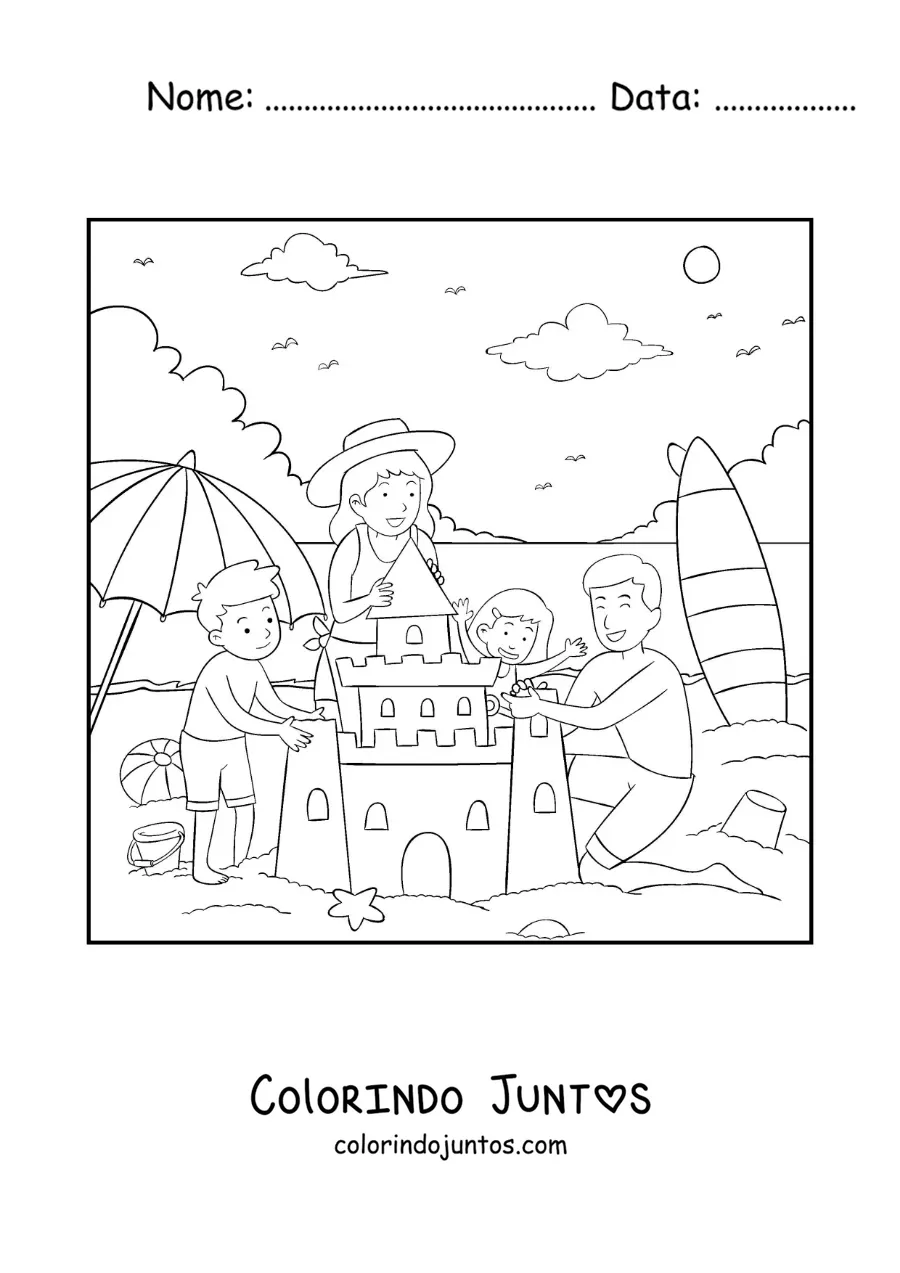 Desenho para colorir de uma família construindo um castelo de areia na praia