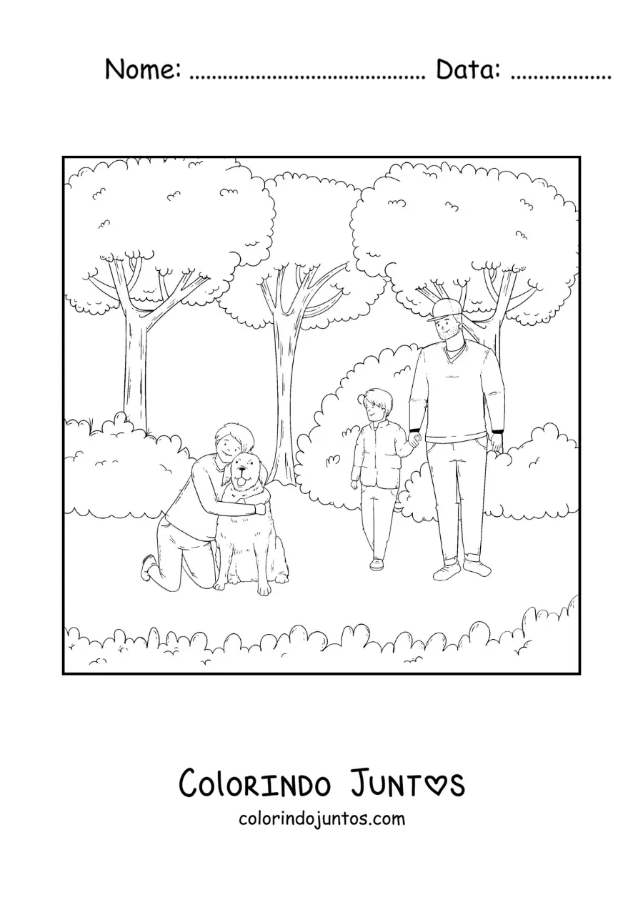 Desenho para colorir de um pai e seu filho passeando no parque