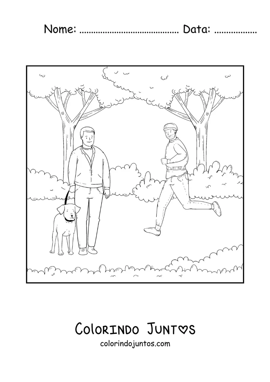 Desenho para colorir de um menino correndo e um homem passeando com seu cão no parque