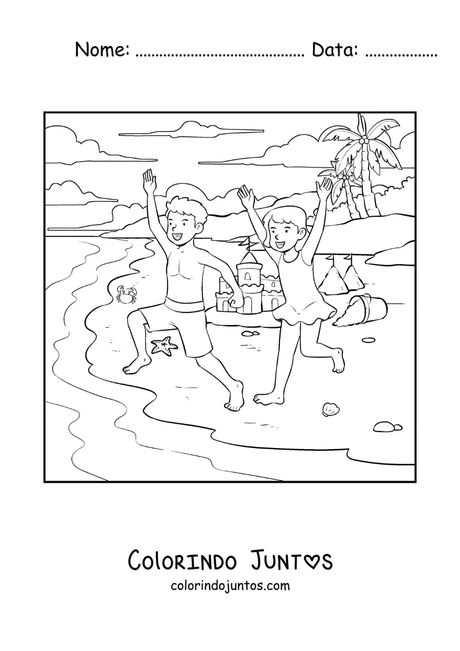 Desenho para colorir de uma menina e seu irmão passeando na praia