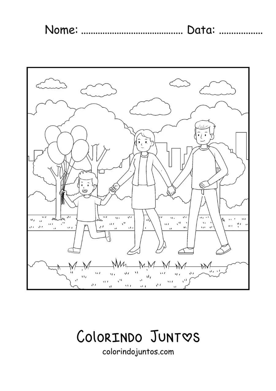 Desenho para colorir de uma família passeando no parque com o filho pequeno segurando balões
