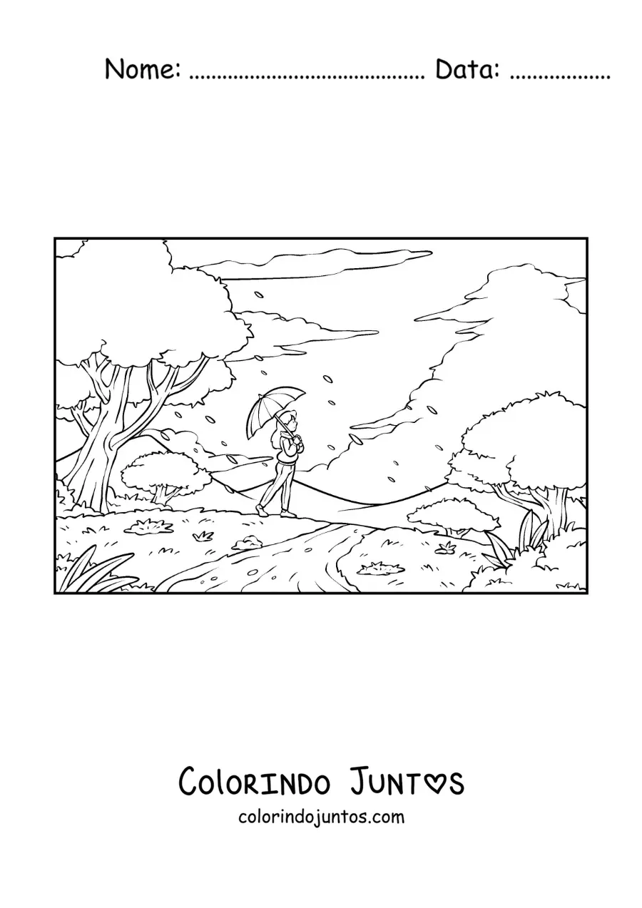 Desenho para colorir de uma garota passeando no parque com uma sombrinha no outono