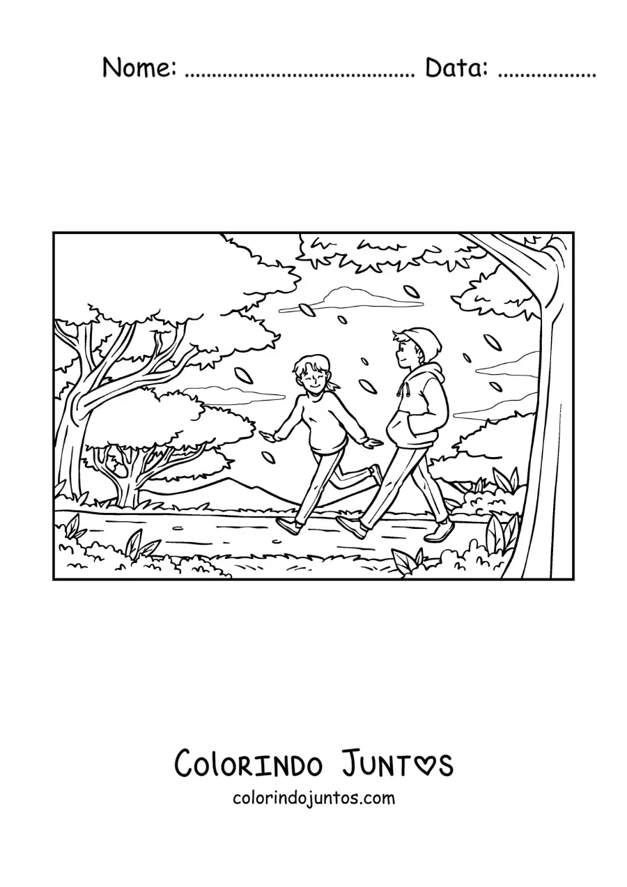 Desenho para colorir de um casal de jovens passeando no parque no outono