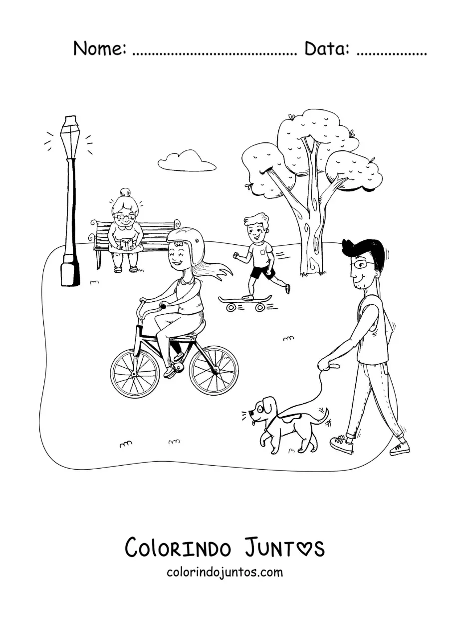 Desenho para colorir de pessoas de todas as idades passeando no parque