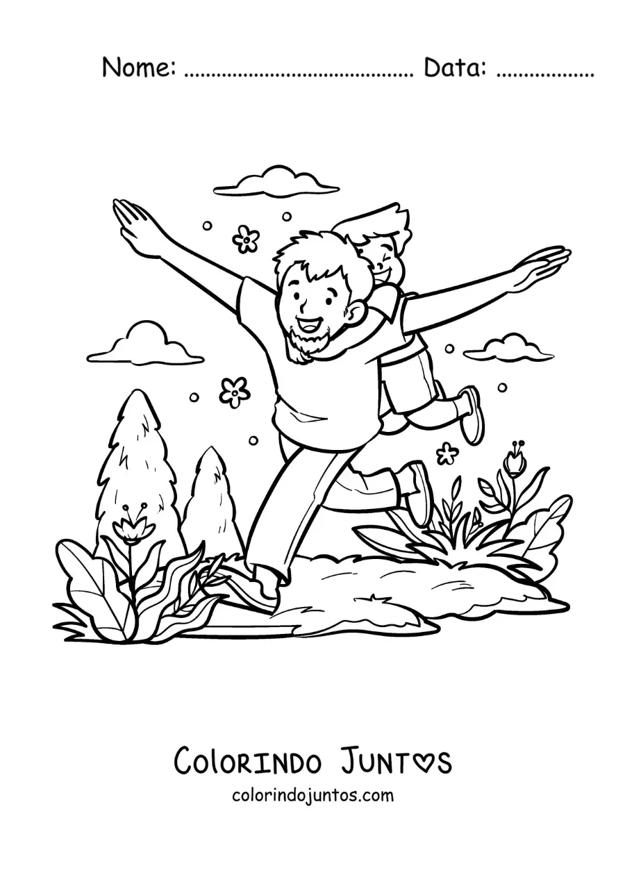 Desenho para colorir de um pai brincando com o filho no parque