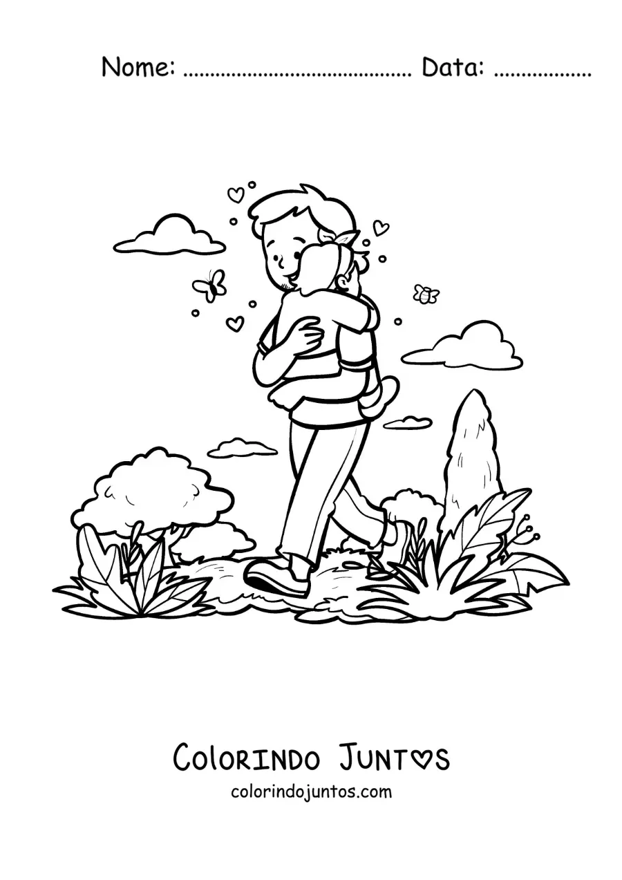 Desenho para colorir de um pai carregando a filha no parque