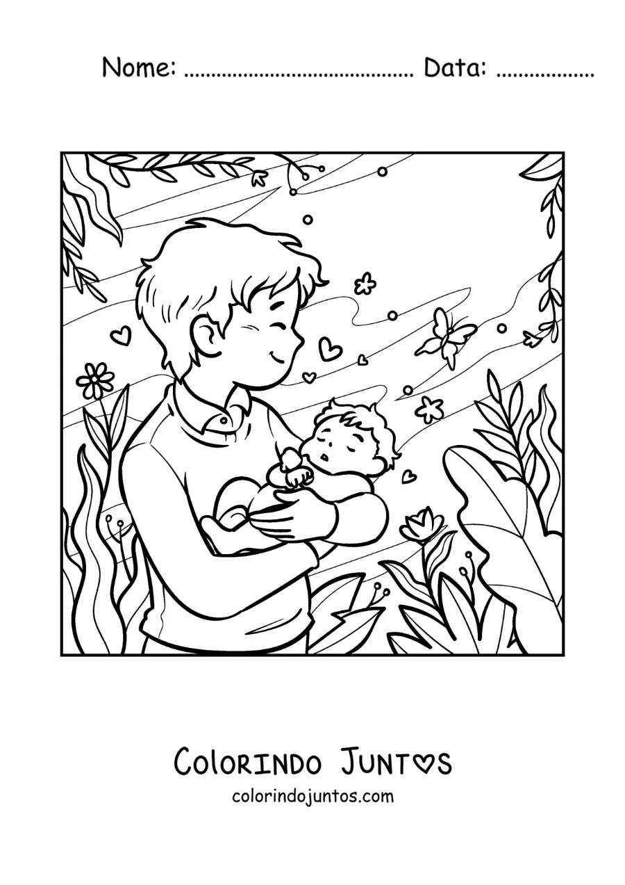 Desenho para colorir de um pai carregando o bebê no parque