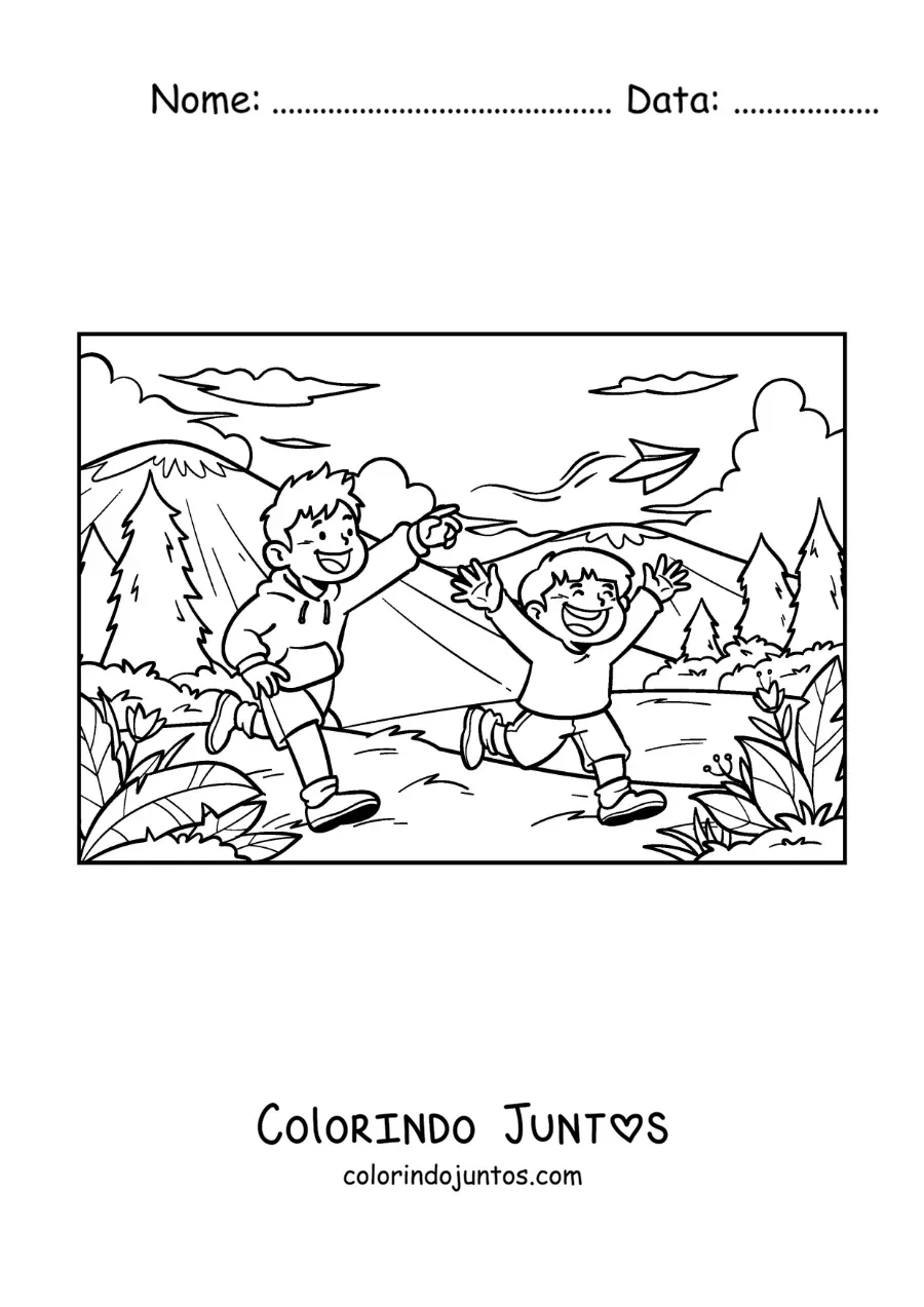 Desenho para colorir de dois irmãos correndo no parque