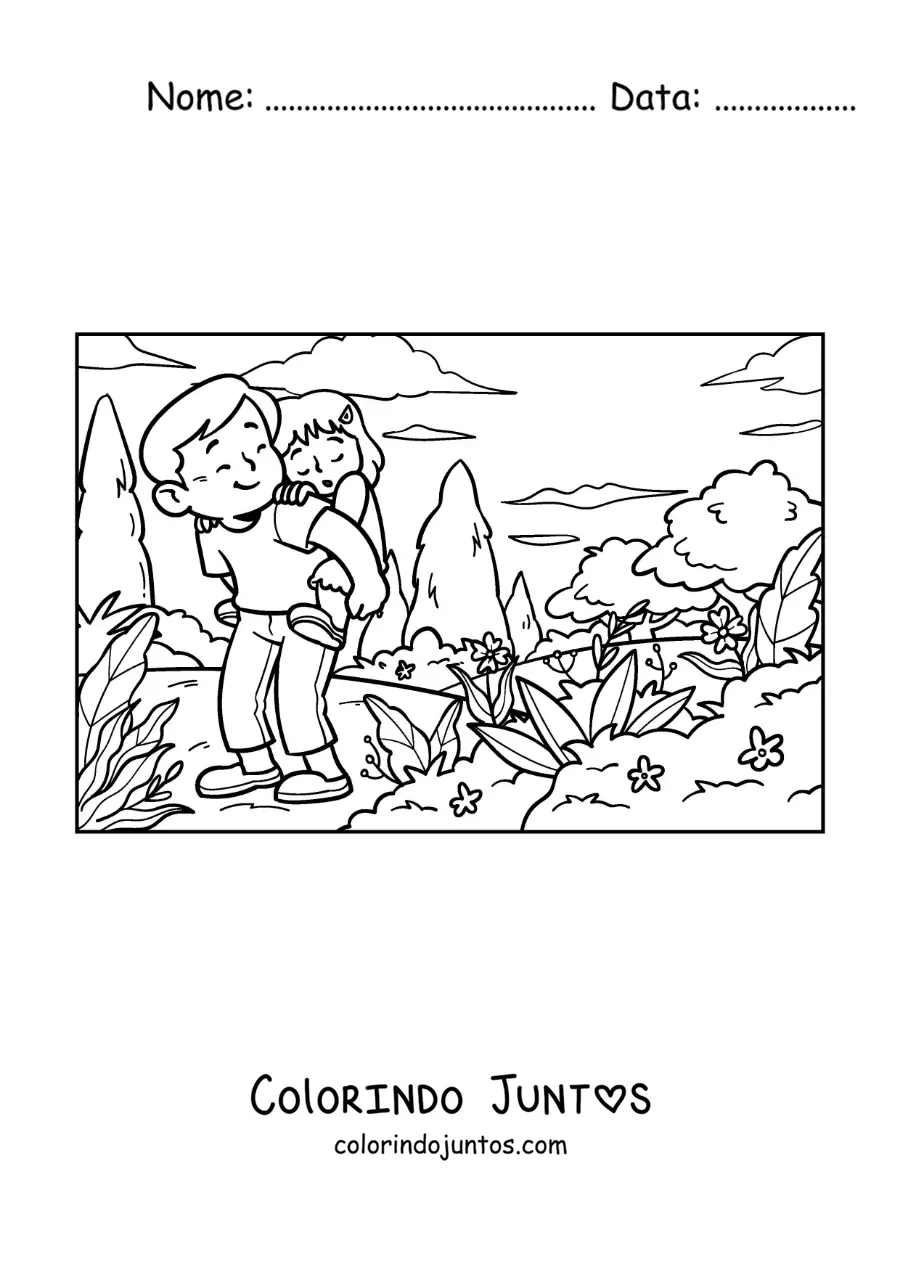 Desenho para colorir de um pai carregando a filha em uma trilha