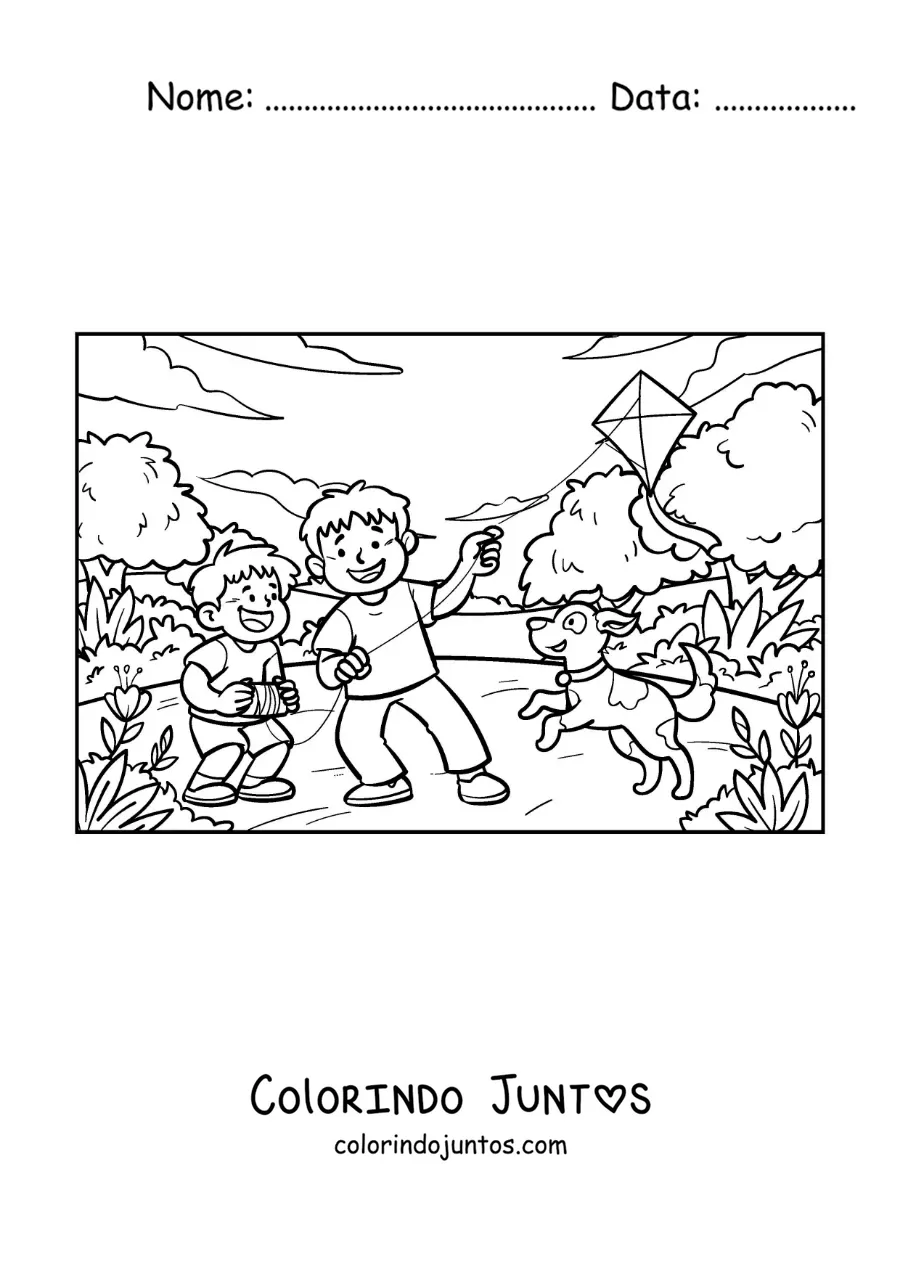 Desenho para colorir de dois irmãos empinando uma pipa com seu cachorro no parque