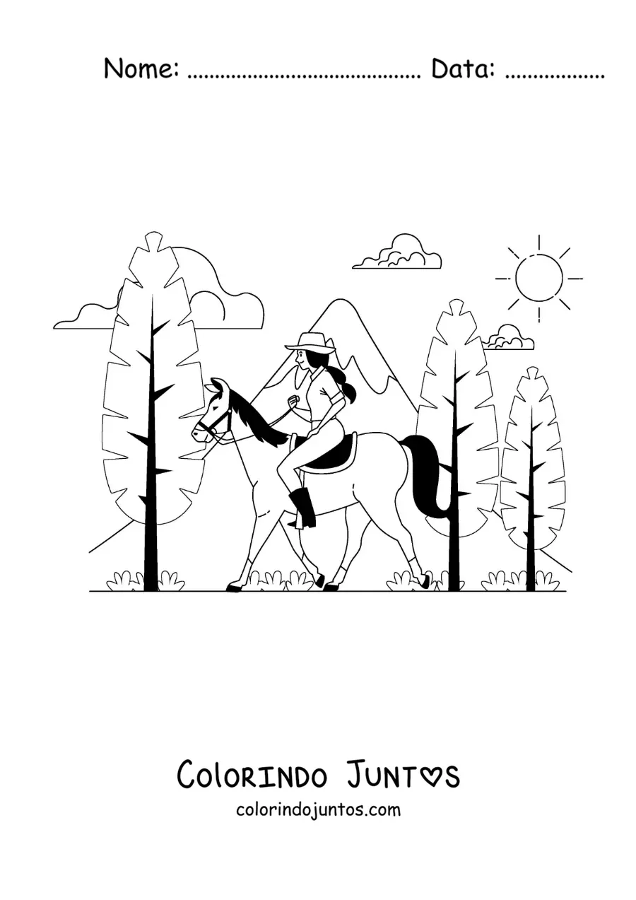 Desenho para colorir de uma garota em um passeio a cavalo pela floresta