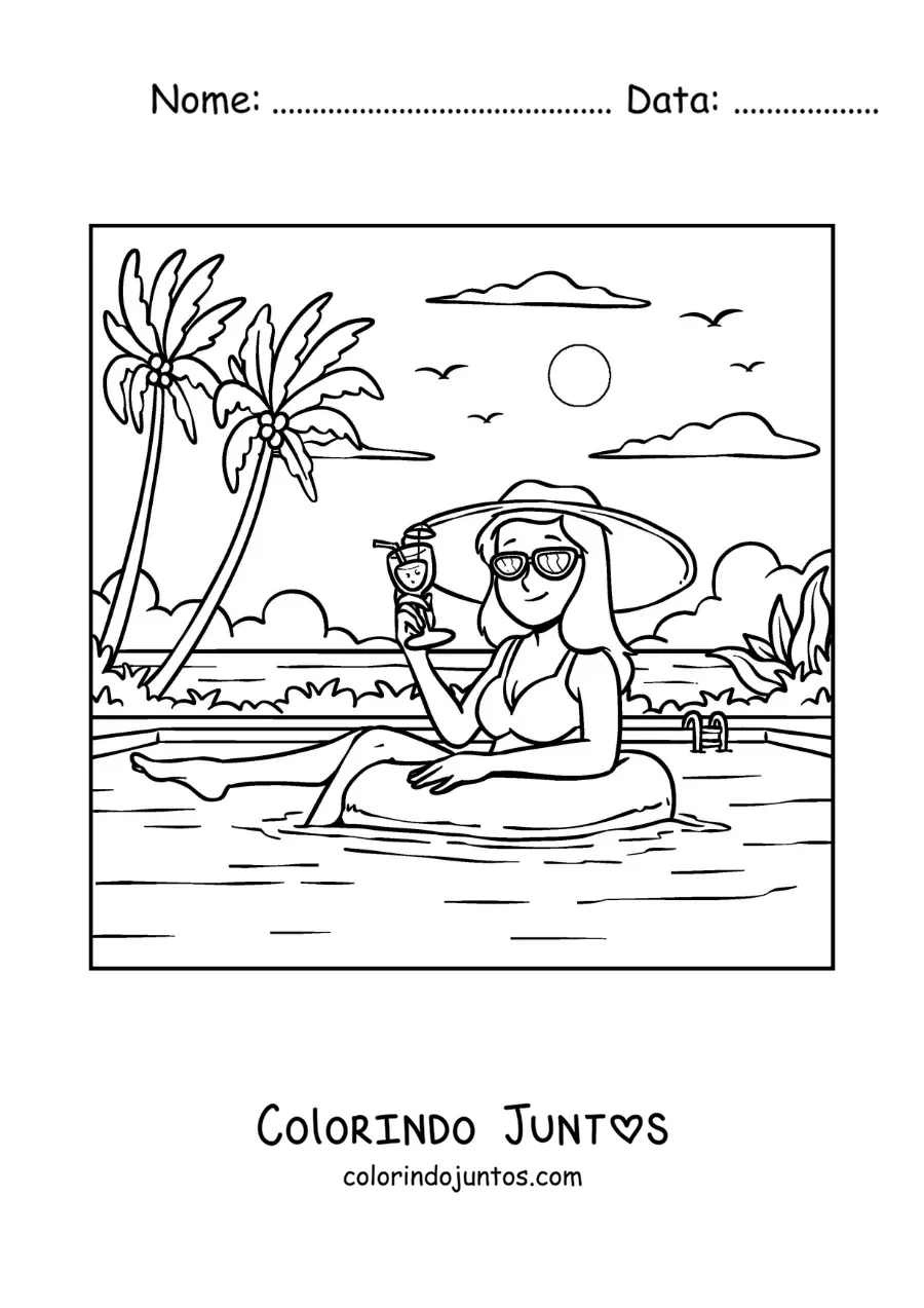 Desenho para colorir de uma garota com chapéu de férias em uma piscina