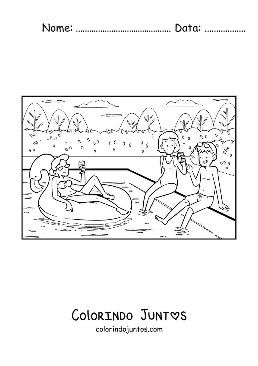 Desenho para colorir de um grupo de amigos jovens em uma festa na piscina