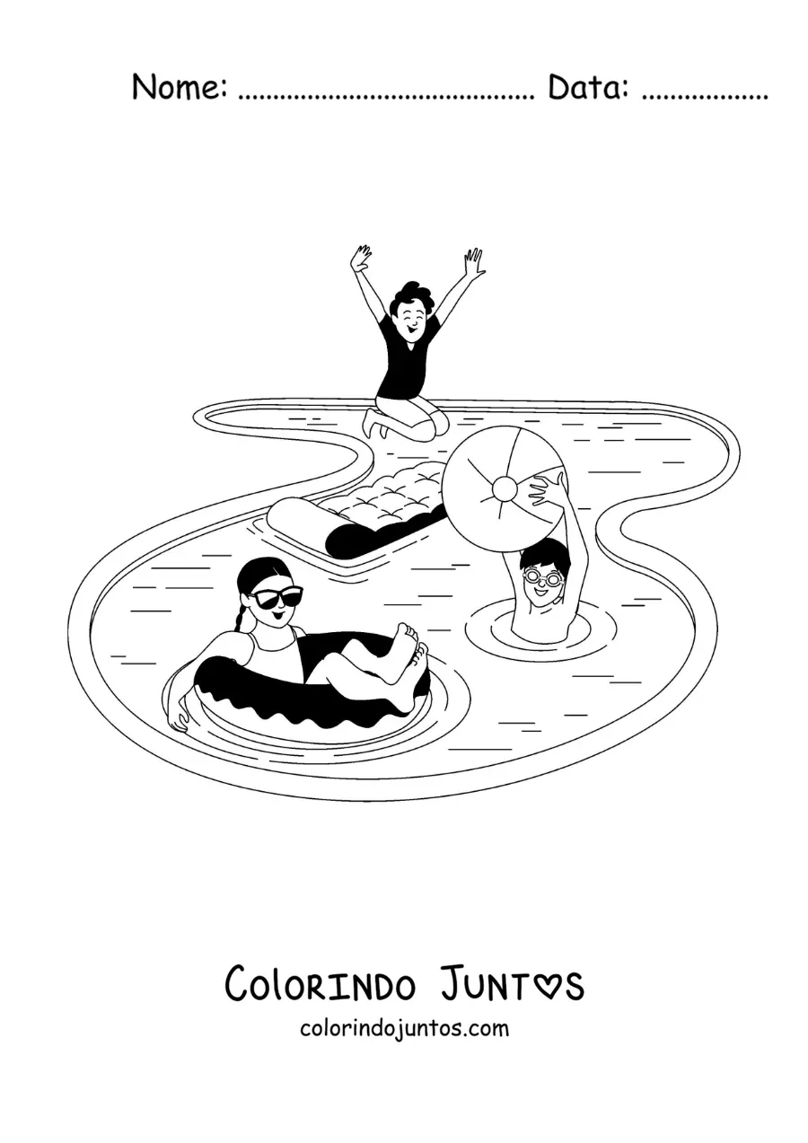 Desenho para colorir de crianças brincando em uma piscina