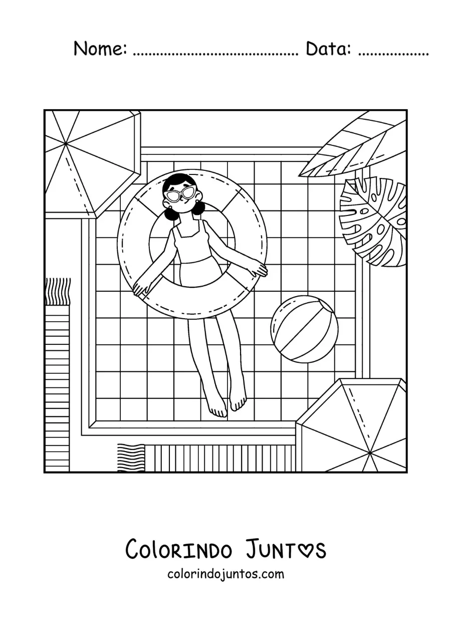 Desenho para colorir de uma garota de férias boiando em uma piscina