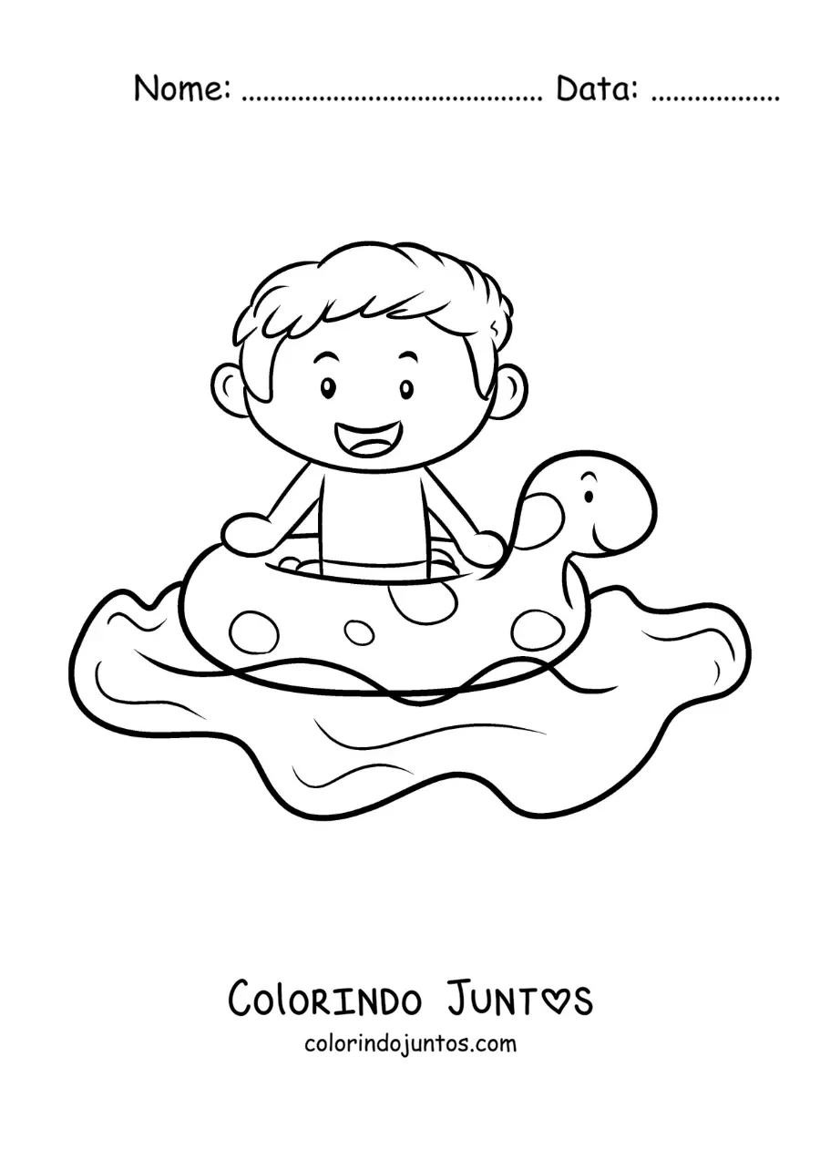 Desenho para colorir de um menino com boia em uma piscina