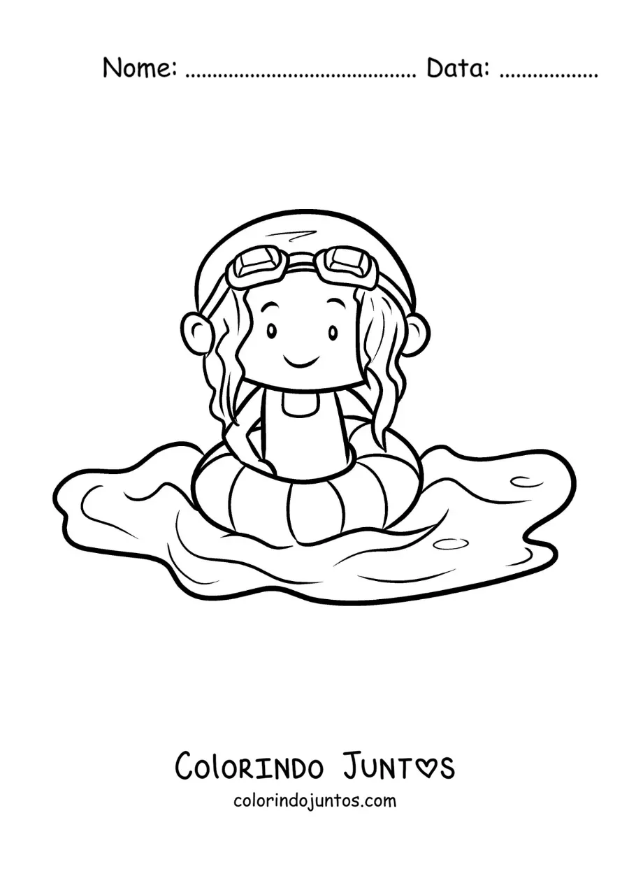 Desenho para colorir de uma menina com boia e óculos de natação em uma piscina