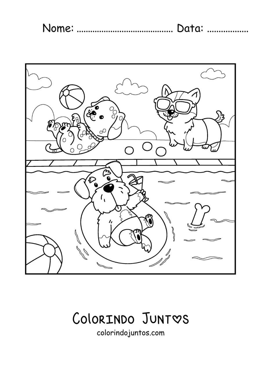 Desenho para colorir de cachorros animados em uma festa na piscina