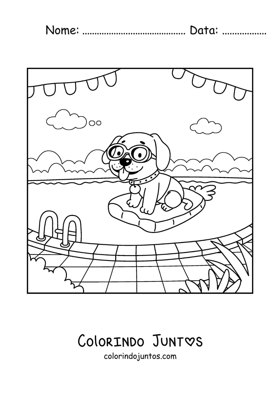 Desenho para colorir de um cachorro animado com boia e óculos em uma piscina