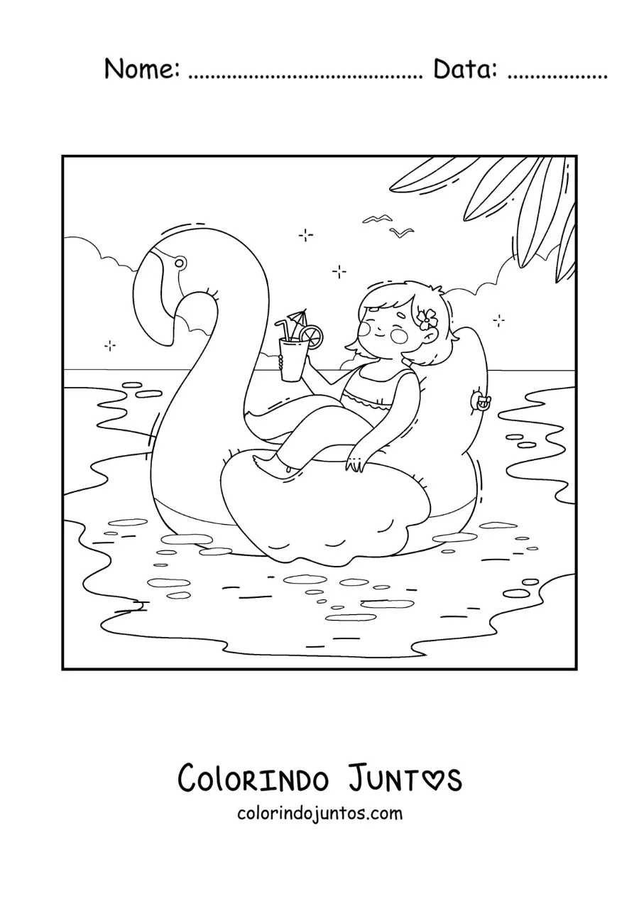 Desenho para colorir de uma menina de férias em uma boia de flamingo na piscina