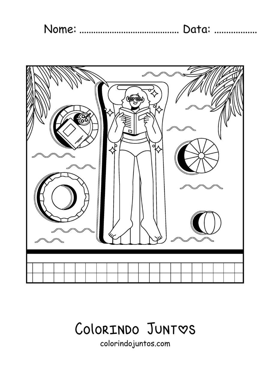 Desenho para colorir de uma garota de férias lendo em uma piscina