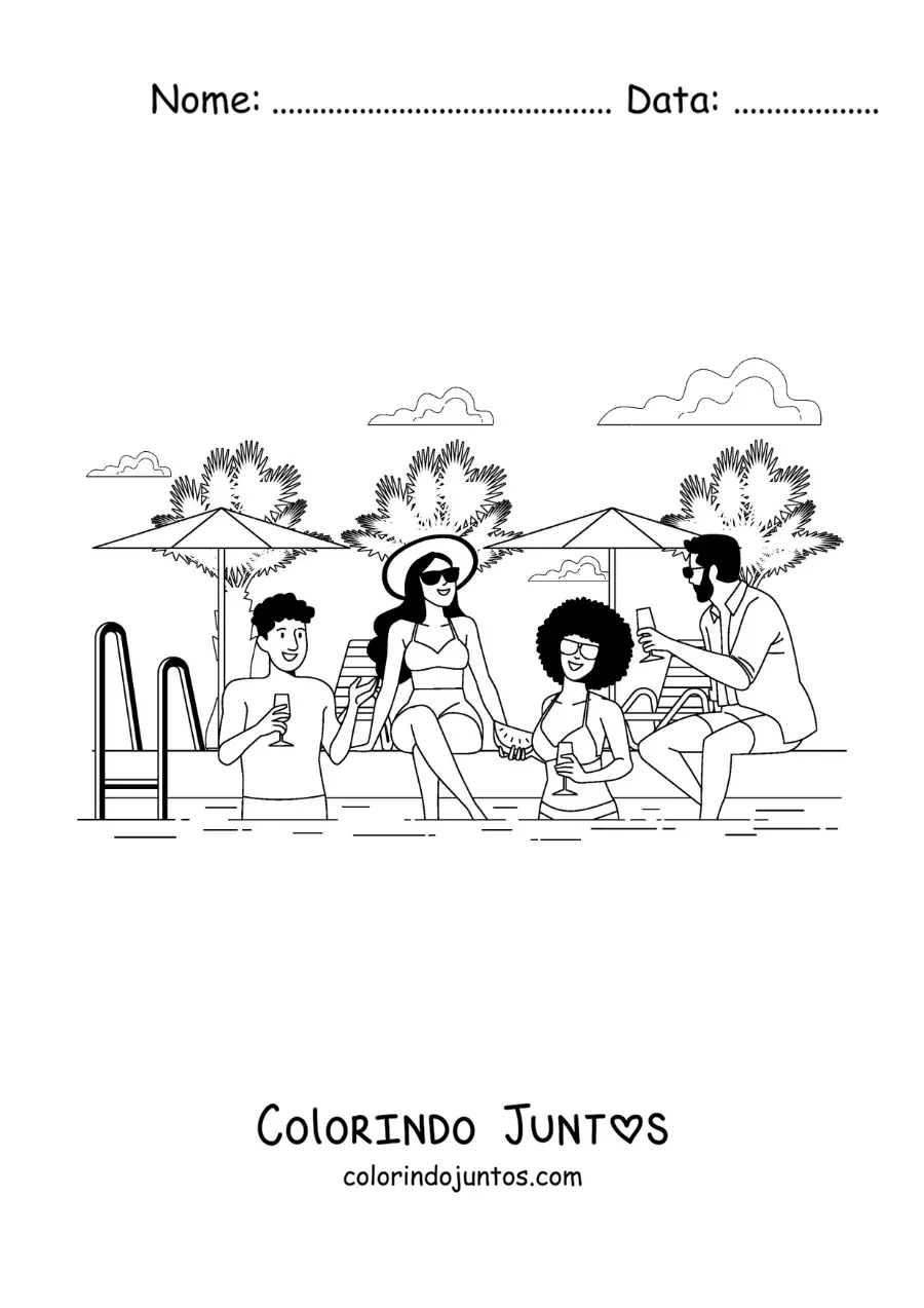Desenho para colorir de um grupo de amigos adultos em uma festa de verão na piscina