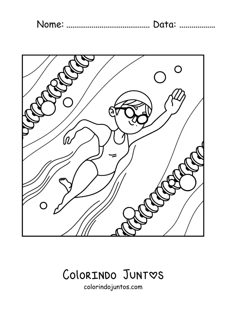 Desenho para colorir de uma menina praticando natação em uma piscina