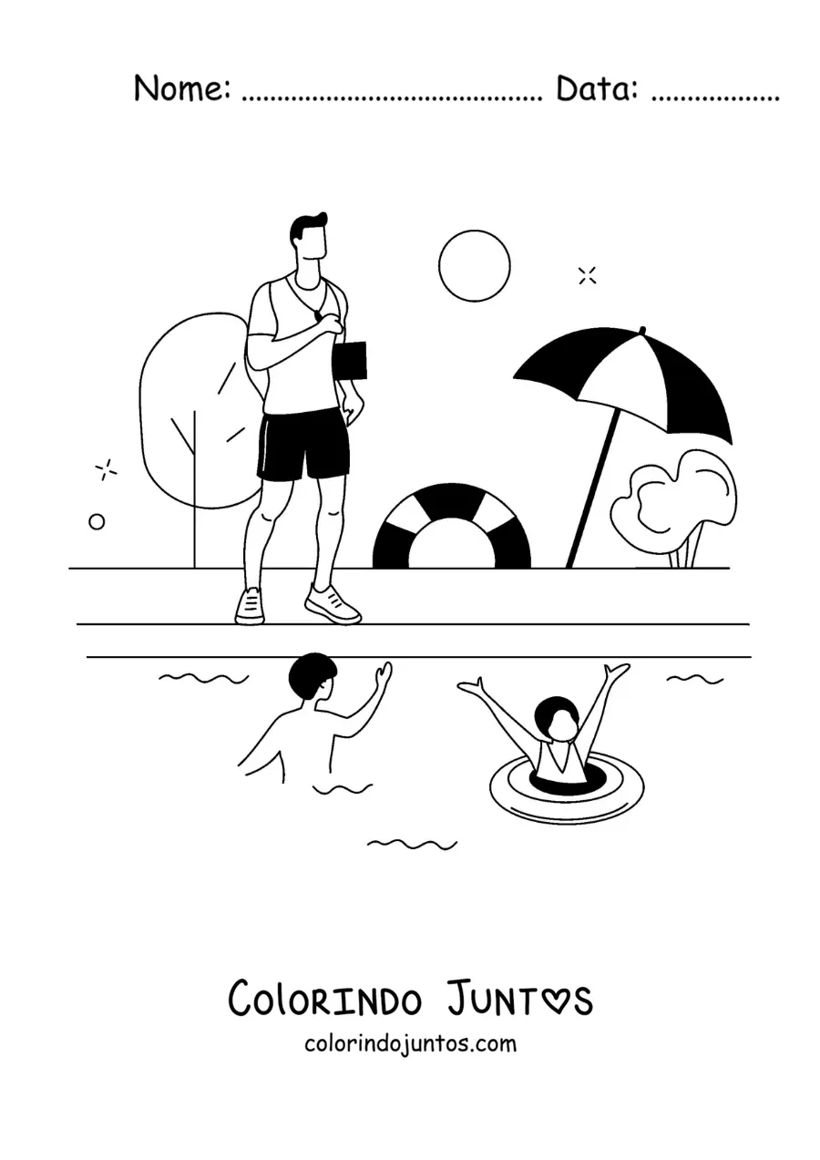 Desenho para colorir de uma piscina pública com seu salva-vidas