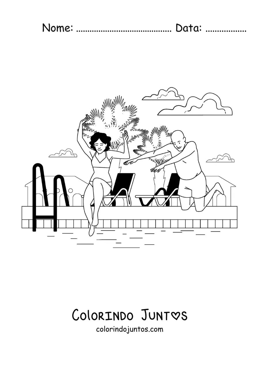 Desenho para colorir de uma garota e um homem pulando na água em uma piscina