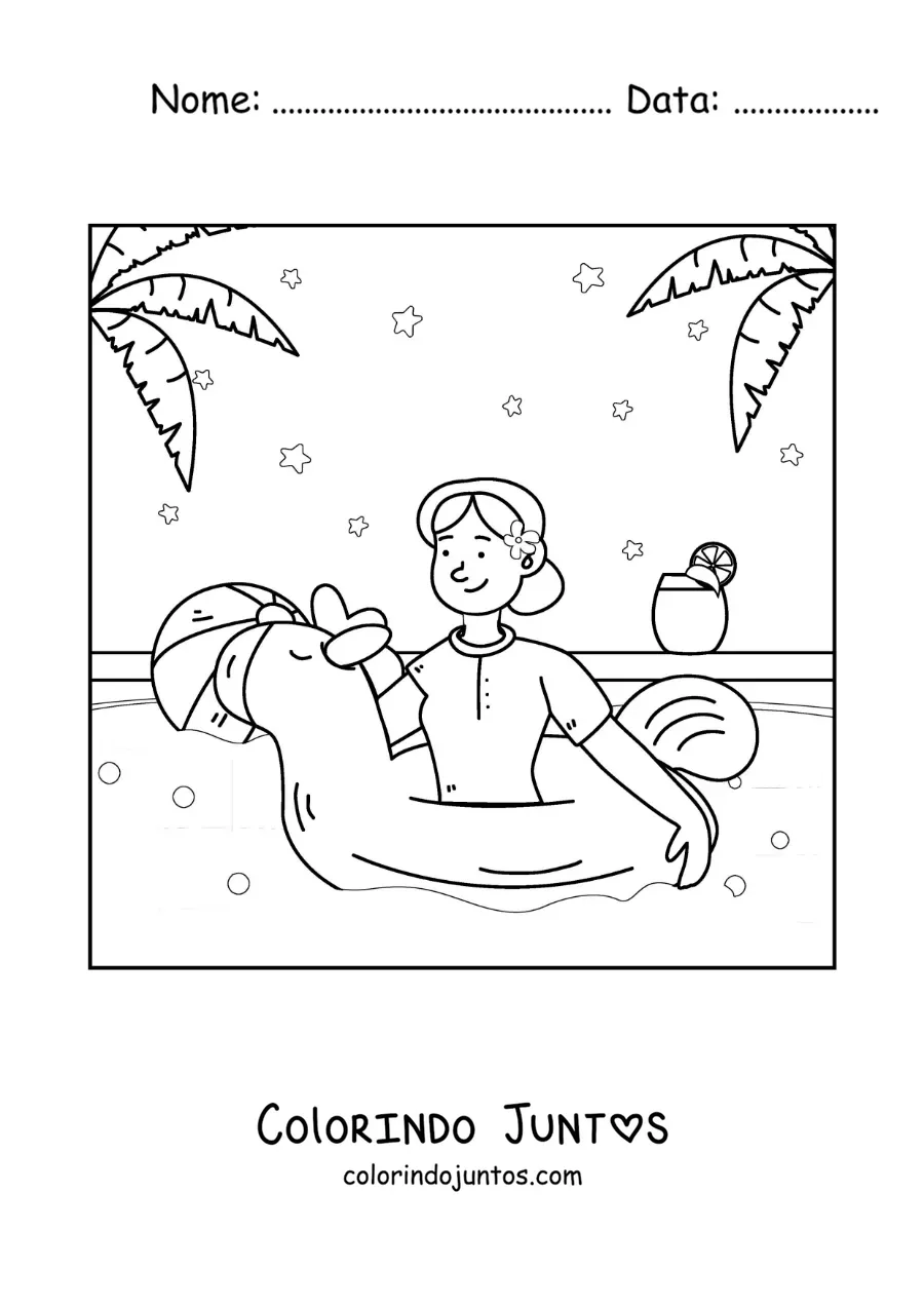 Desenho para colorir de uma garota com uma boia de unicórnio em uma piscina